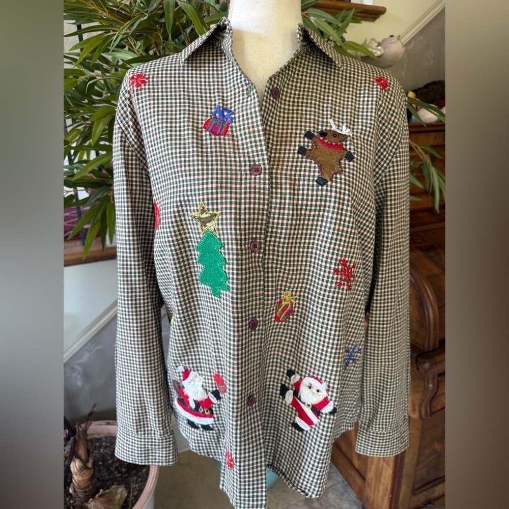 Lemon grass ladies large petite 100% cotton Christmas shirt plaid EXC COND - Picture 11 of 14